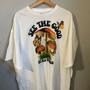 NWT White Graphic Tee "See The Good" with Orange Mushroom Art
